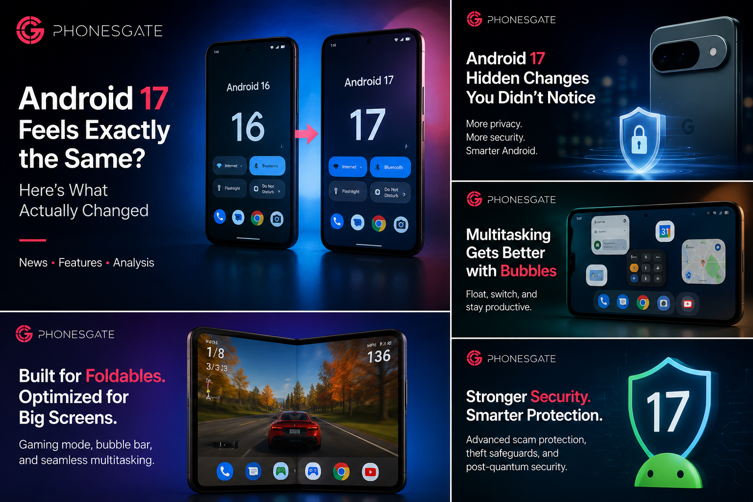 PhonesGate collage showing Android 16 versus Android 17 plus bubbles, foldable features and stronger security