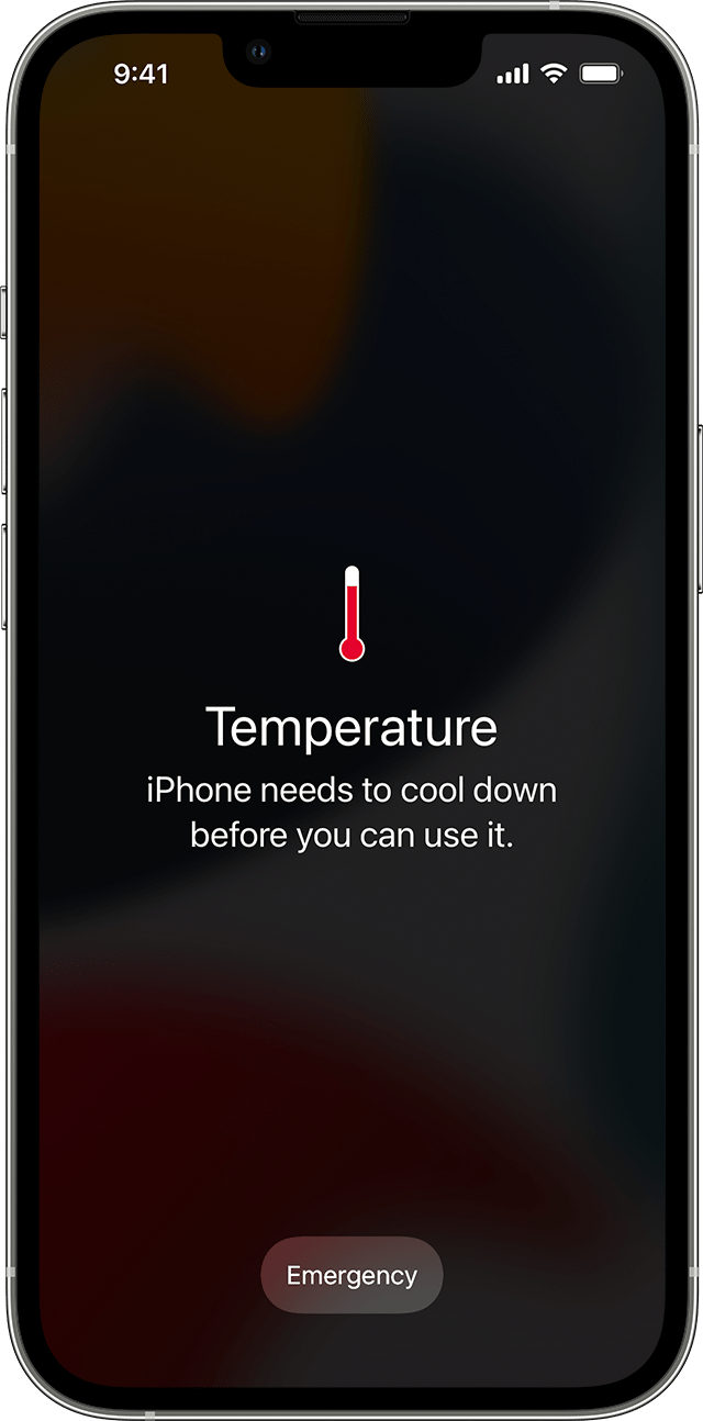 Official iPhone temperature warning screen stating that the device needs to cool down