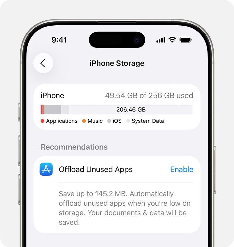 Official iPhone Storage screen showing available space and the Offload Unused Apps recommendation