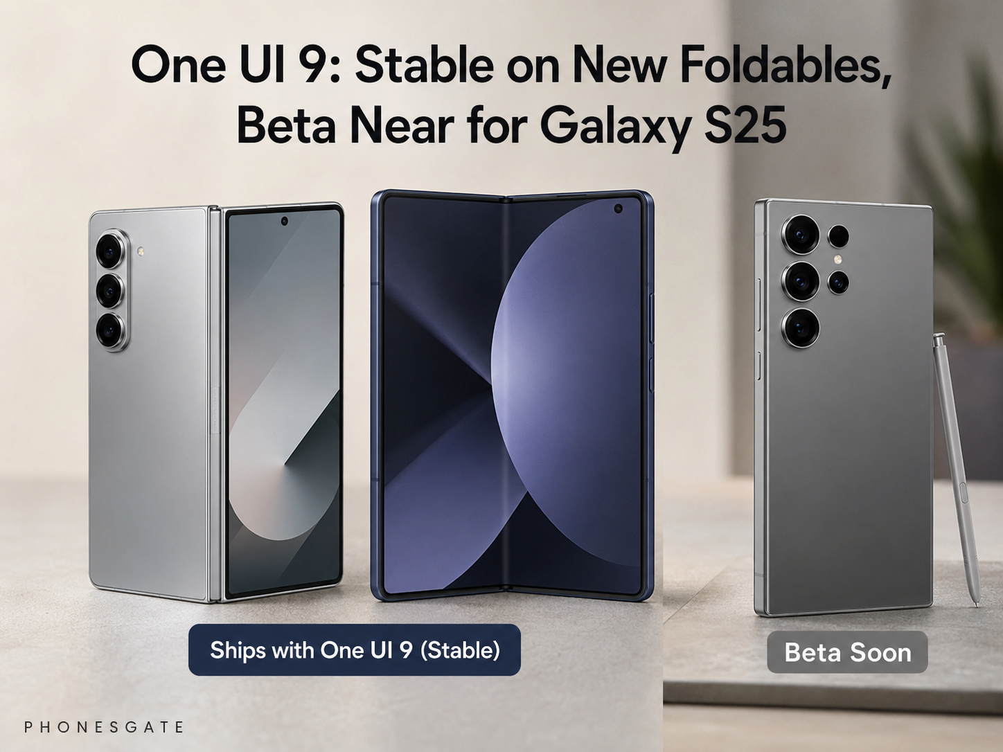 PhonesGate graphic showing One UI 9 arriving first on Samsung foldables before expanding further