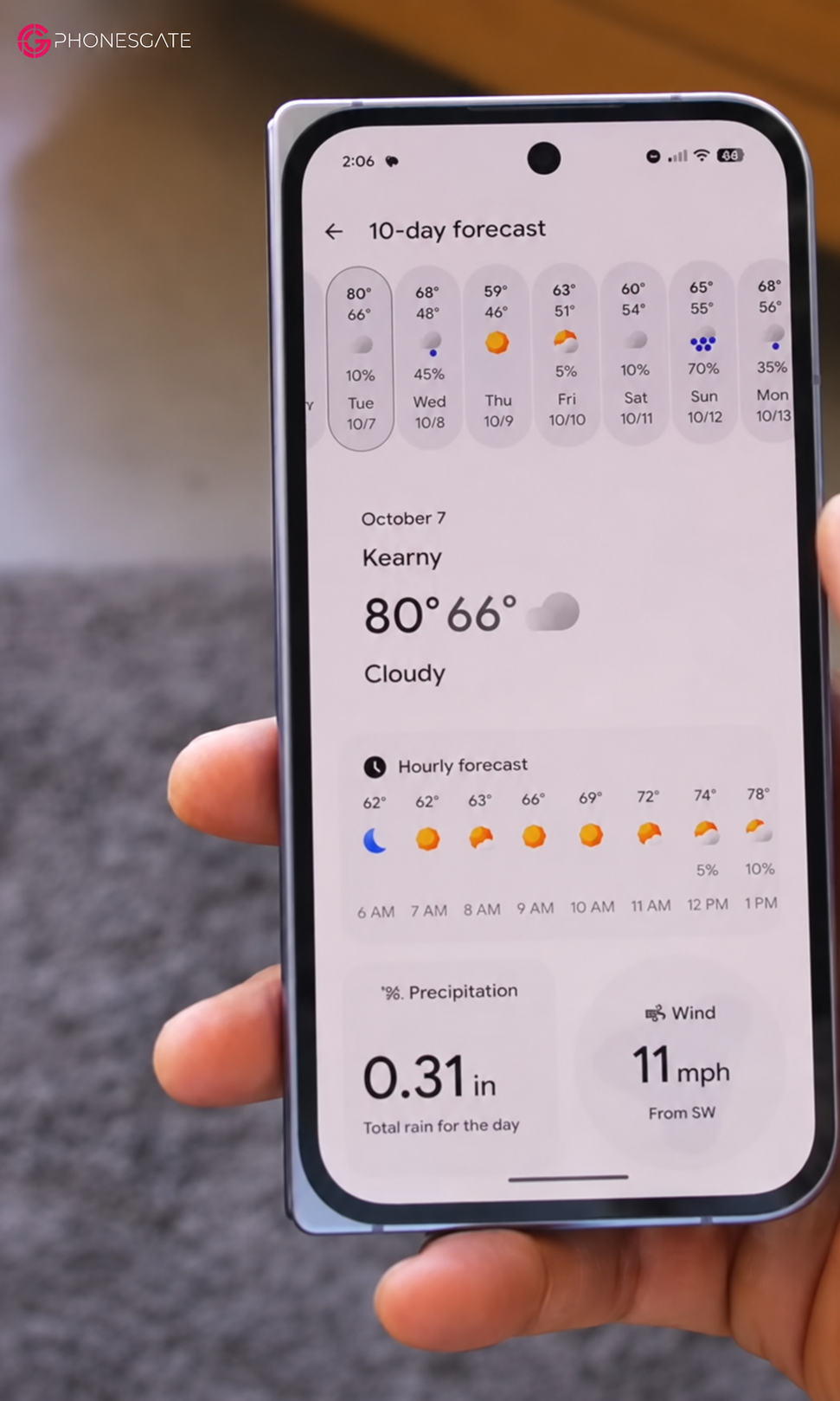 Google Pixel foldable displaying a detailed weather forecast on the cover screen