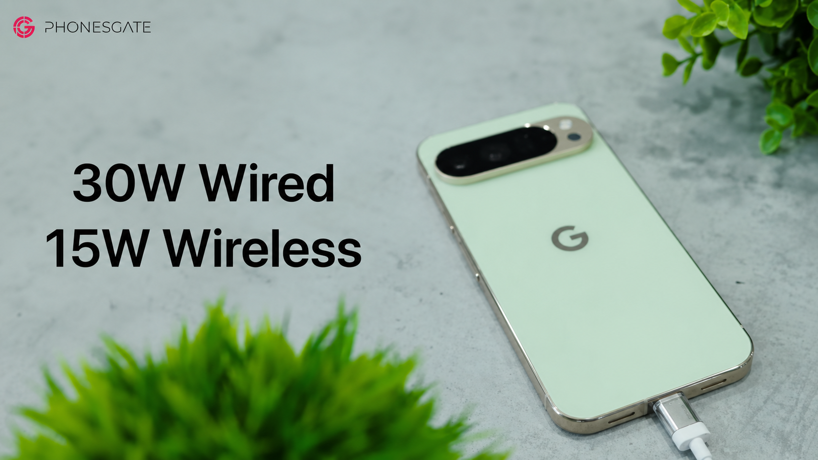 Google Pixel-style smartphone connected to a wired charger