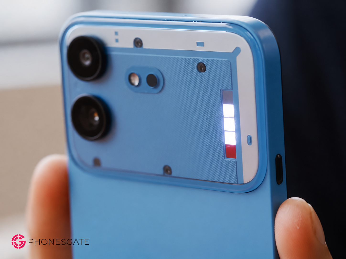 Close-up of the blue Nothing Phone 4b rear camera and Glyph light area
