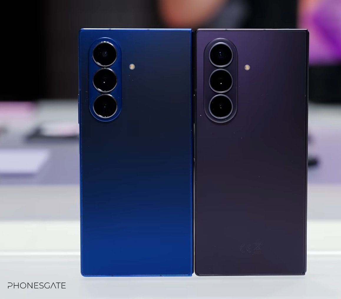 Blue and violet Samsung foldables standing side by side from the rear