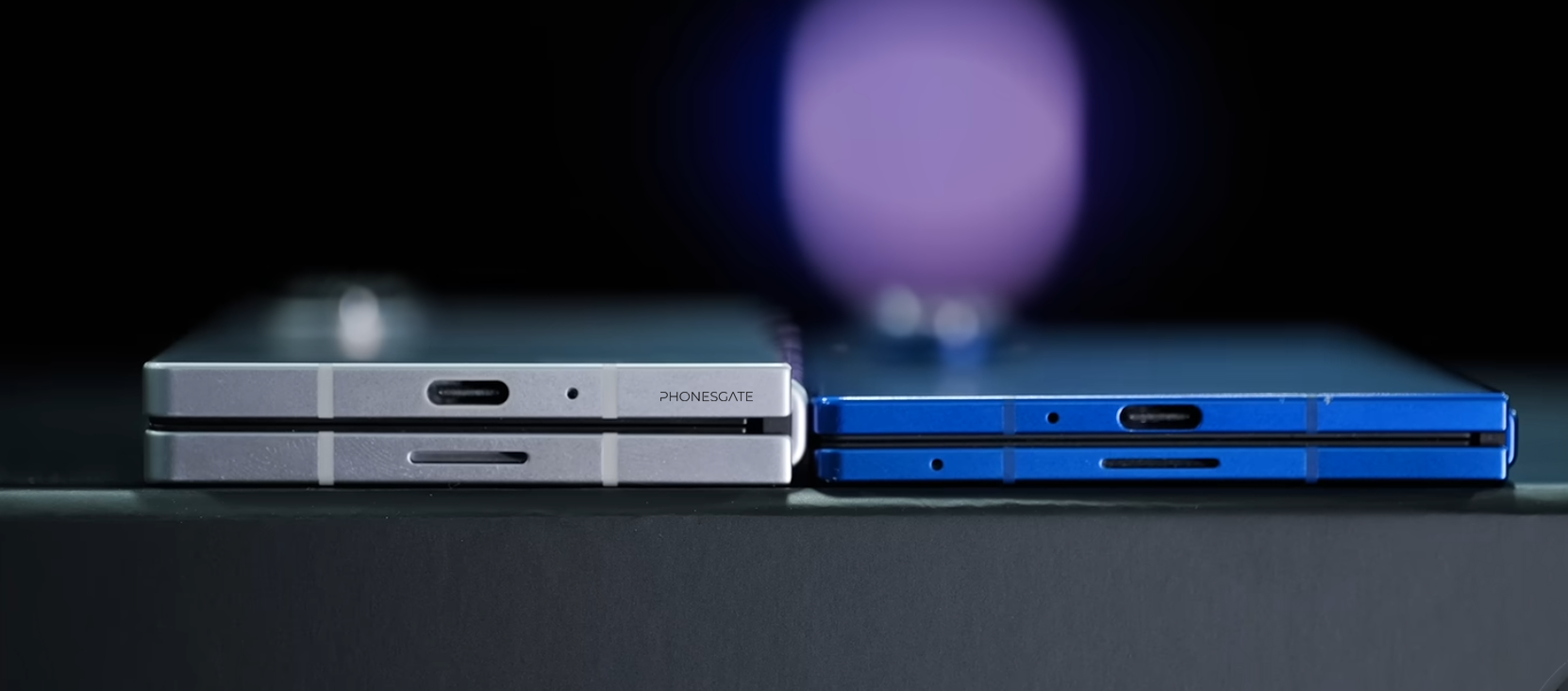 Close-up side-by-side port and frame comparison between two Samsung foldables