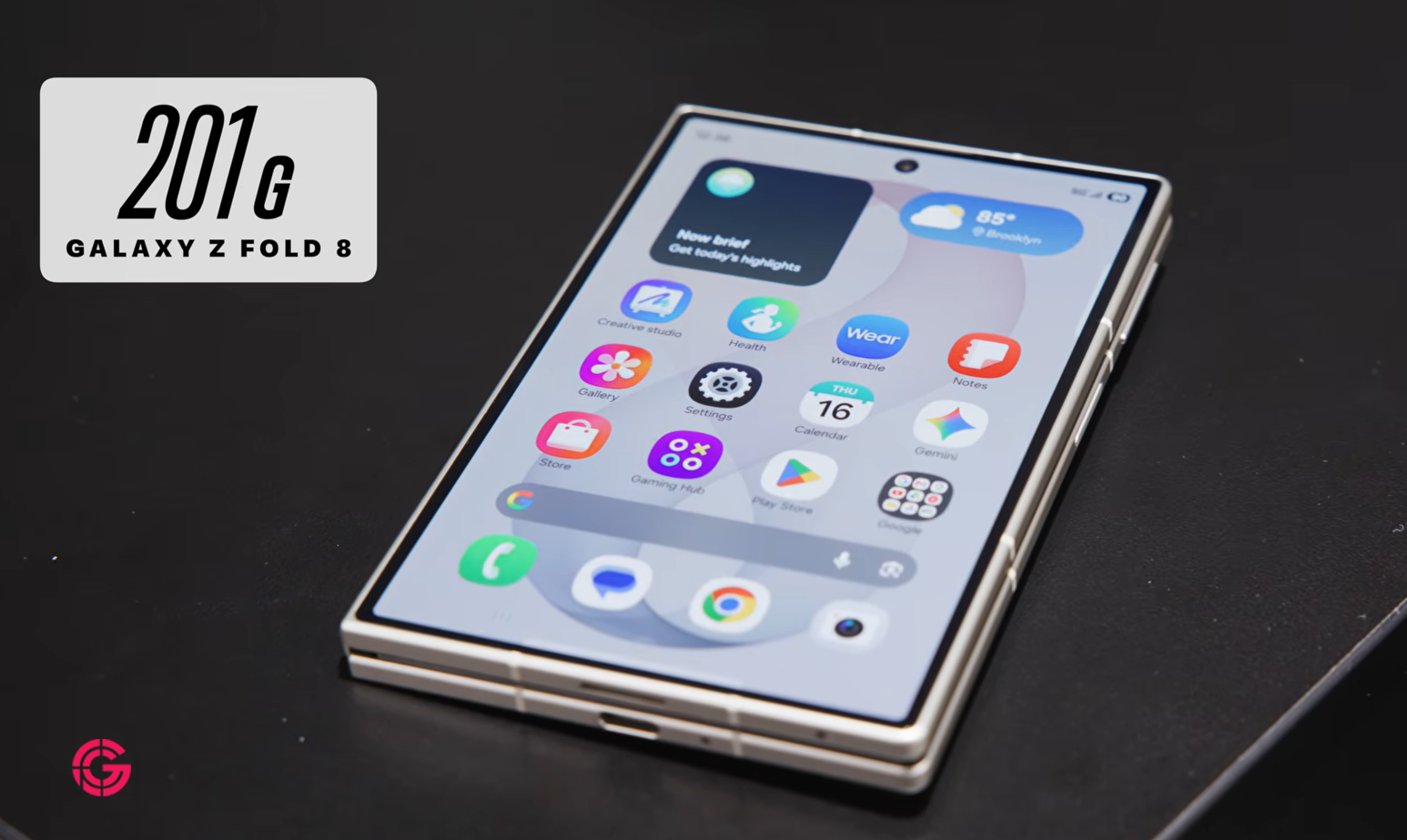 Samsung Galaxy Z Fold8 unfolded with a 201 gram label