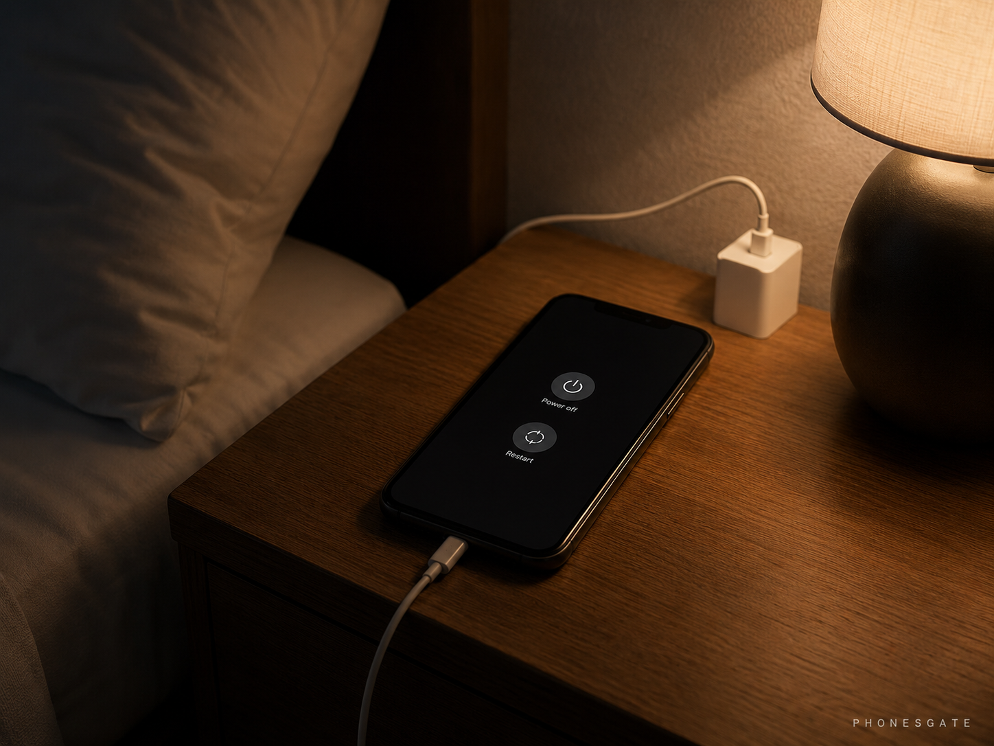 PhonesGate image of a smartphone showing restart and power-off controls on a bedside table