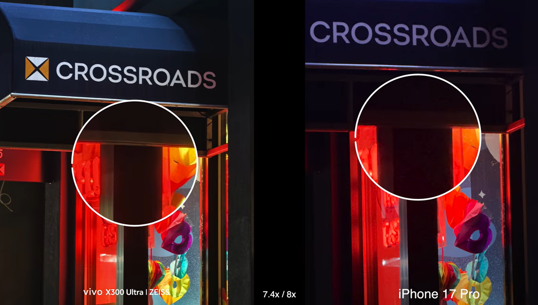 Low-light zoom comparison between the Vivo X300 Ultra and iPhone 17 Pro