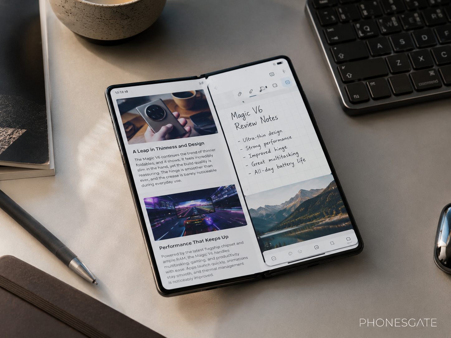 Foldable smartphone used for notes and productivity on a desk