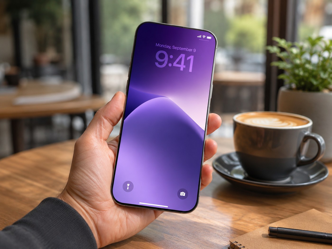 Concept iPhone with a large purple display being used at a cafe