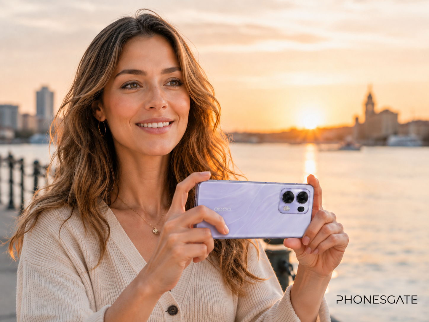 Blonde woman using the OPPO Reno16 Pro by the waterfront at sunset