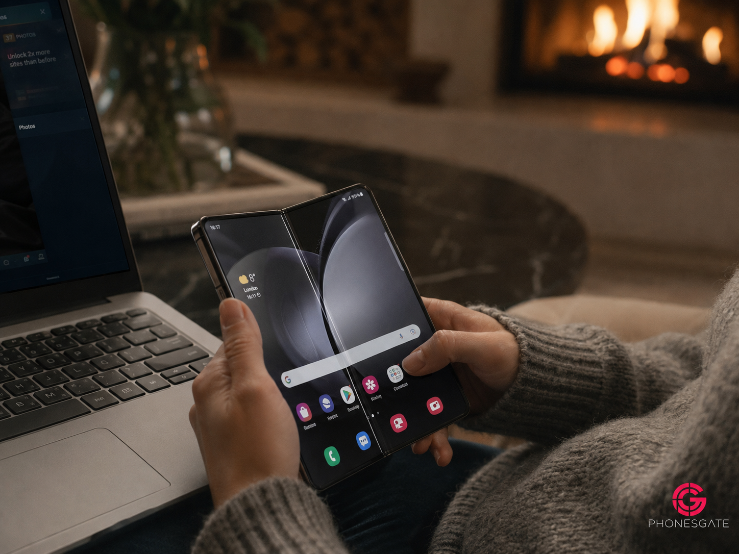 Close-up view of the Samsung Galaxy Z Fold8 Ultra open near a laptop