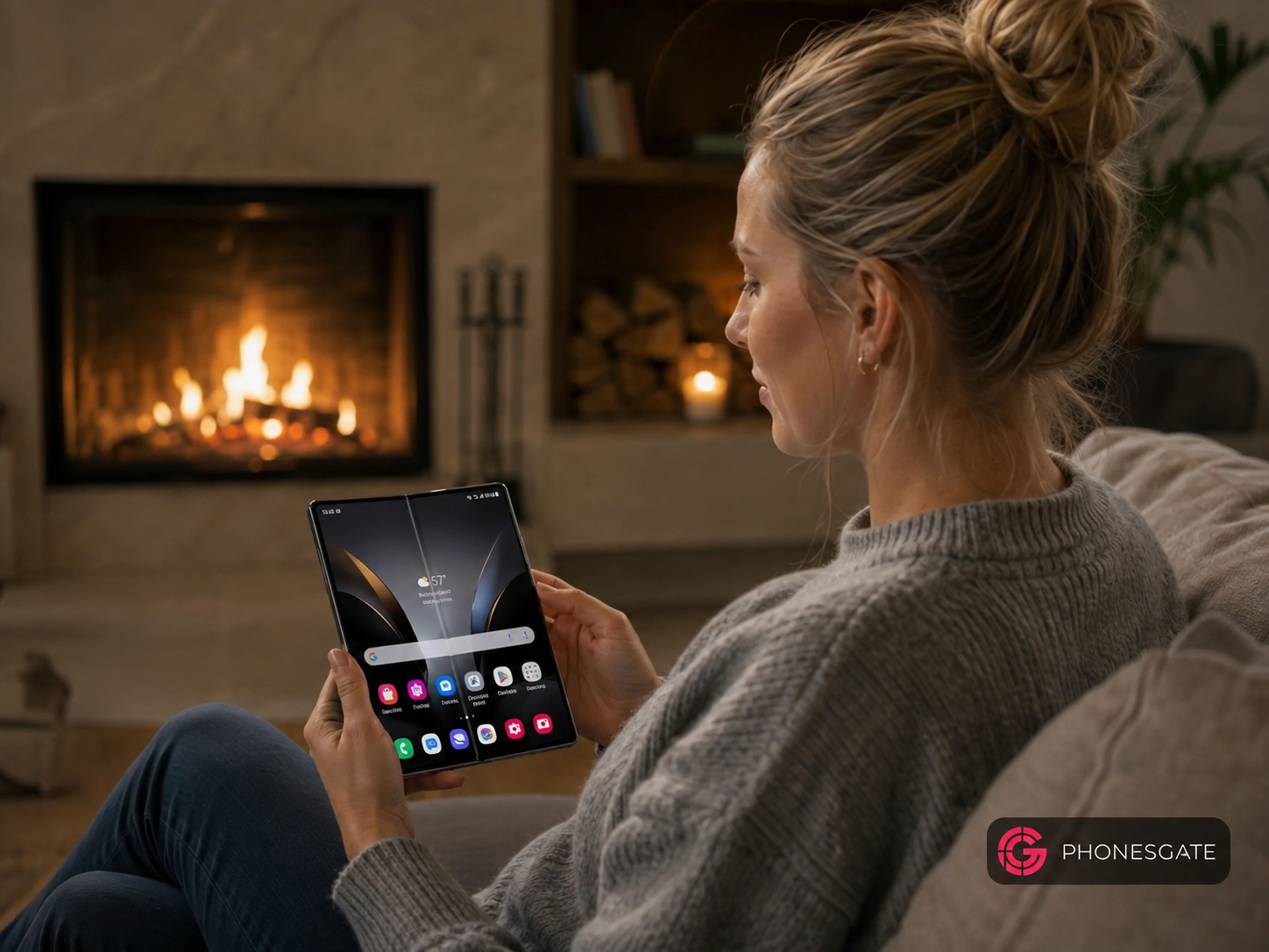 PhonesGate image of the Samsung Galaxy Z Fold8 Ultra being used in a relaxed home setting