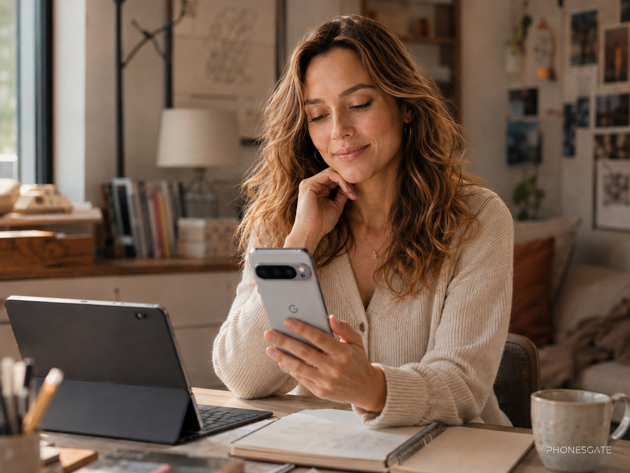 Woman using a Google Pixel 10 Pro at a home office desk