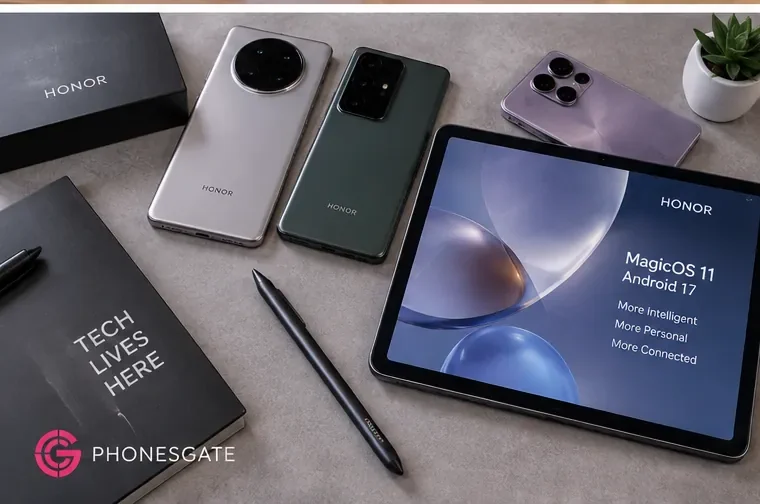 AI-generated PhonesGate image of HONOR phones and tablet prepared for Android 17