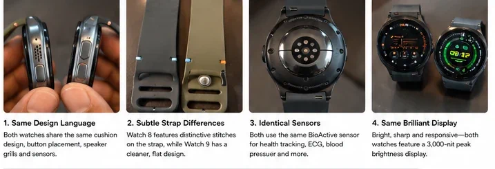 Galaxy Watch 9 versus Watch 8 design details including sides straps sensors and displays