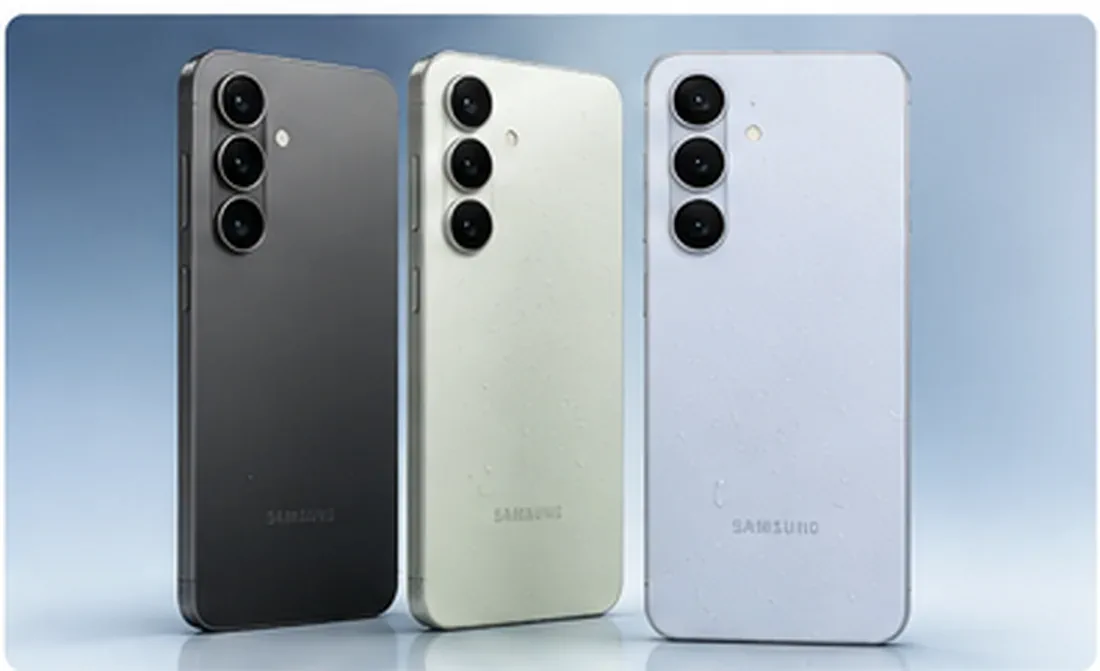 Samsung Galaxy S26 FE editorial illustration in Graphite Pistachio and Blueberry