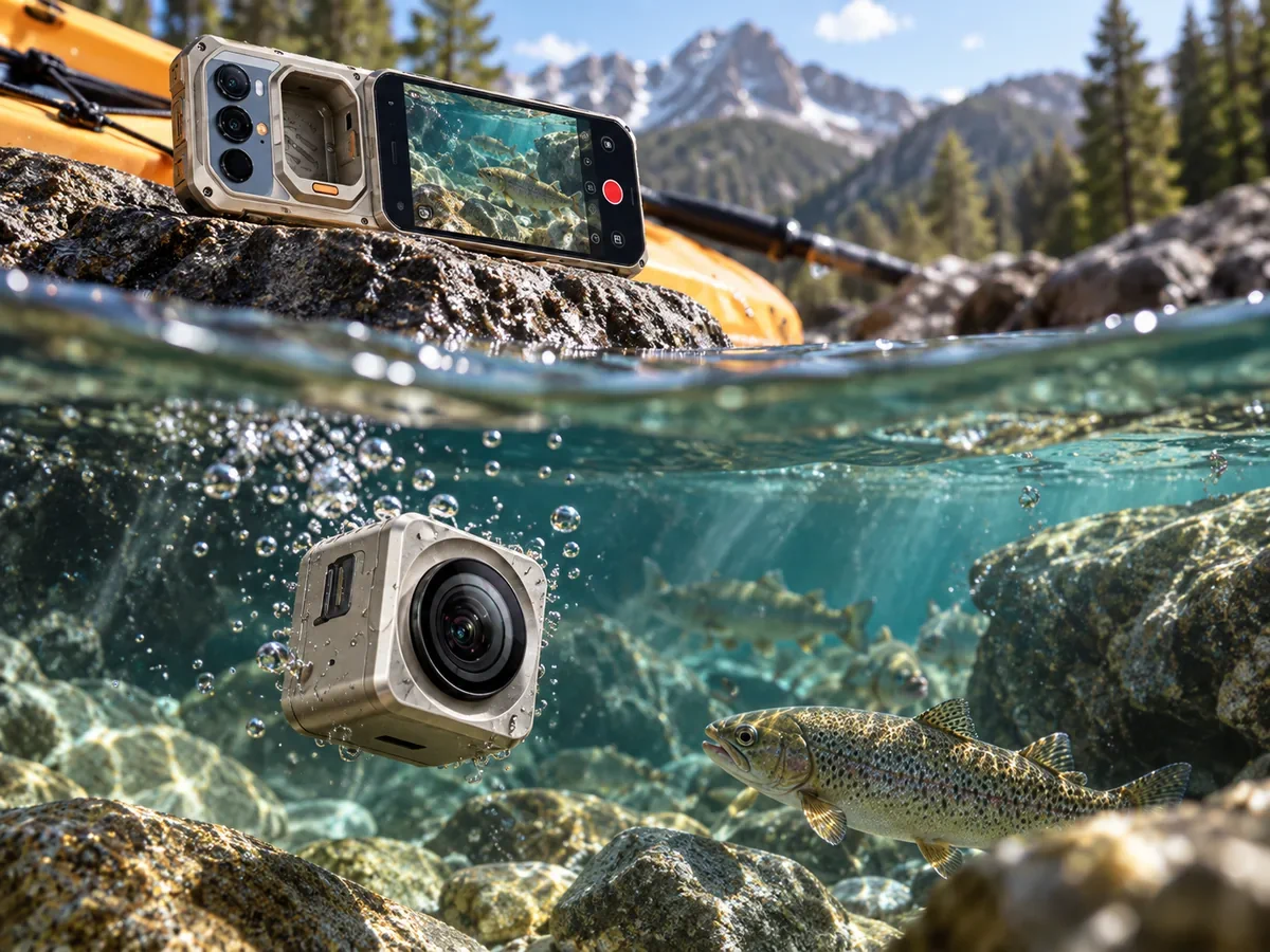 PhonesGate editorial illustration of the RugOne Xsnap 7 Pro detachable camera used underwater while the phone acts as a monitor