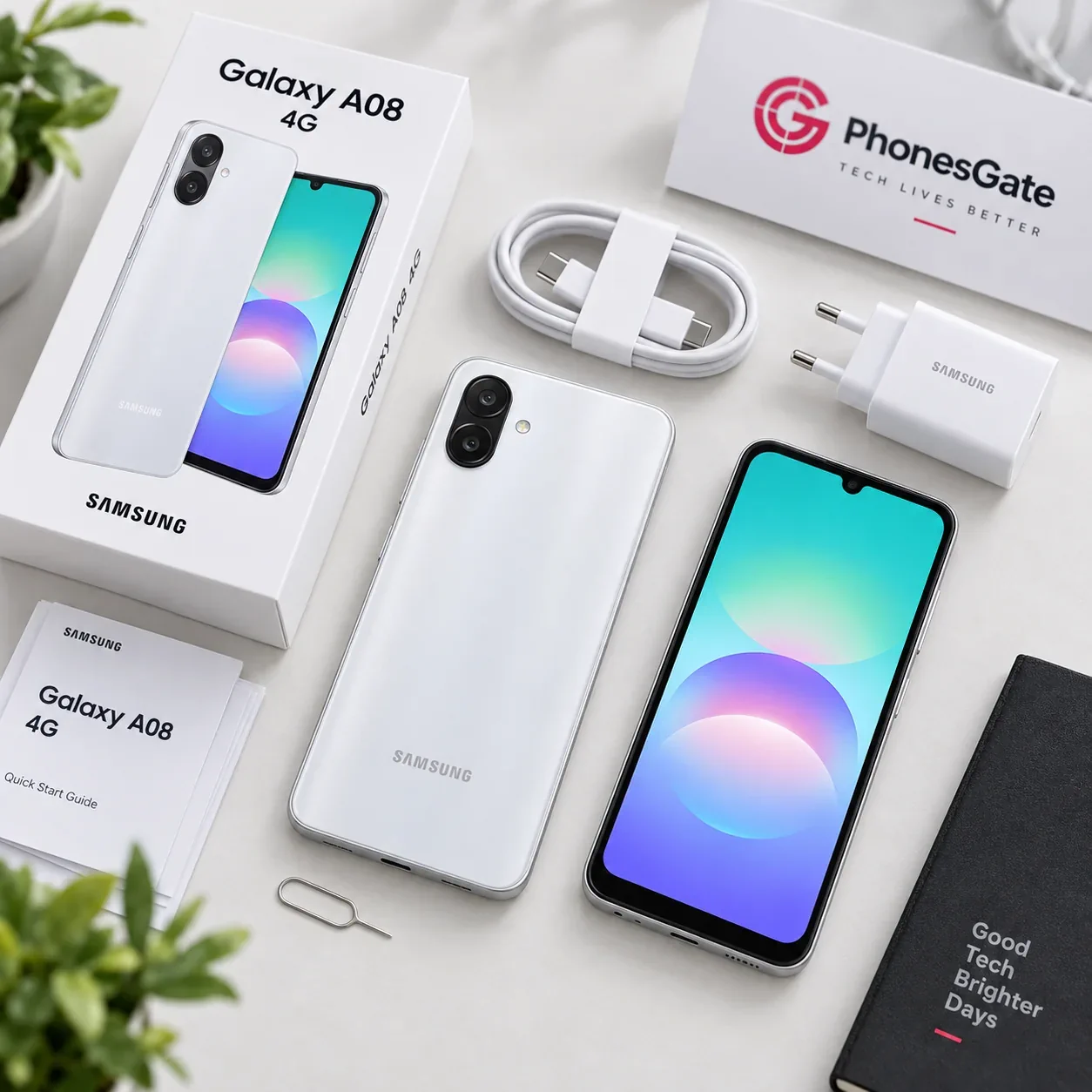 Samsung Galaxy A08 4G with box, charger, cable and accessories in a flat lay setup