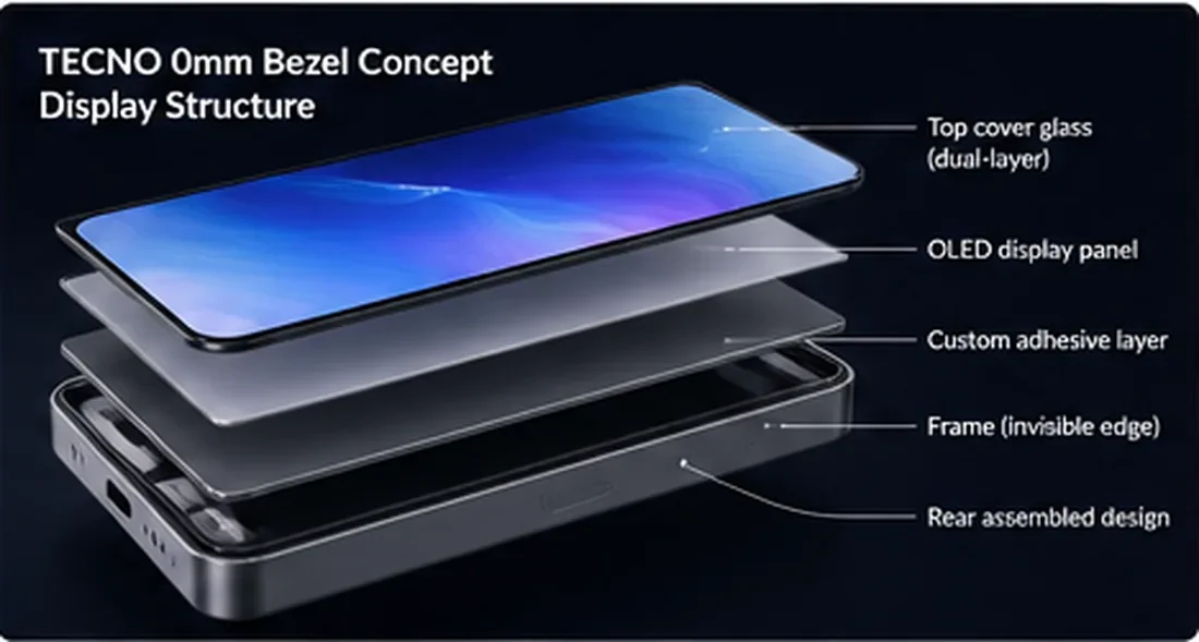 Editorial diagram showing the dual-layer glass and rear-mounted display structure of TECNO's bezel-free concept