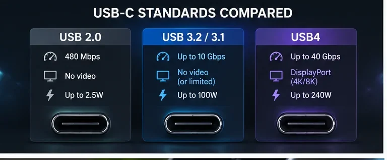 PhonesGate visual comparing different USB standards behind USB-C connectors