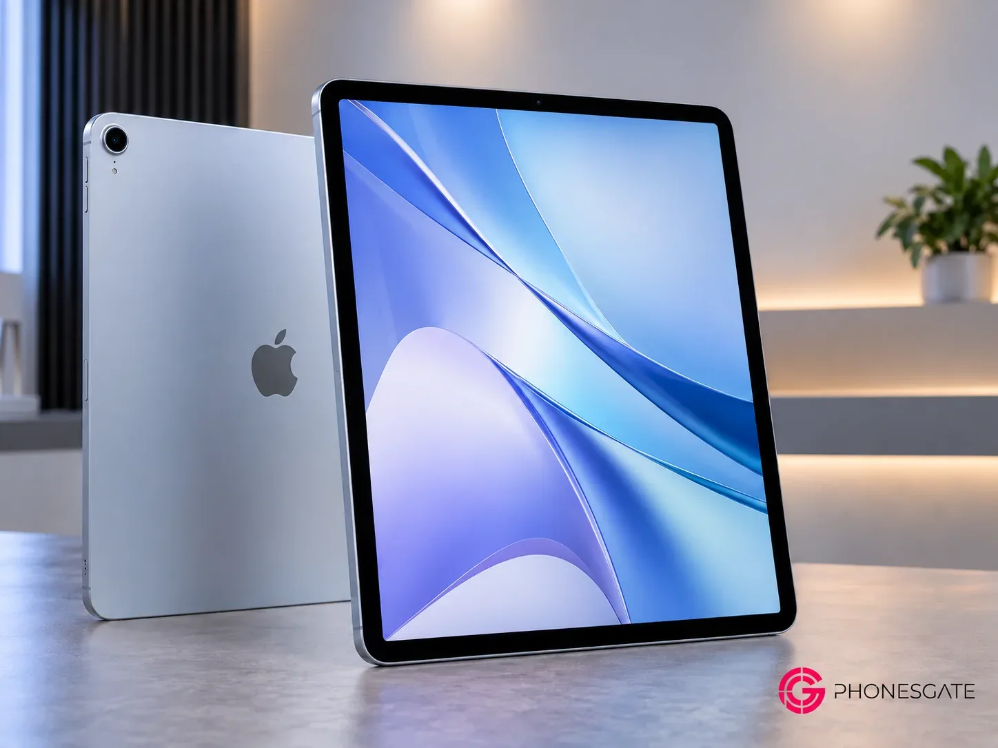 AI-generated illustration of a silver Apple iPad Air 13 M4 in a PhonesGate-themed studio