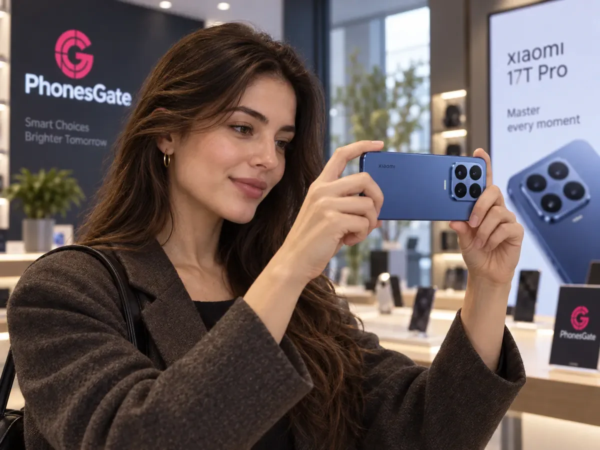AI-generated PhonesGate image showing a woman using the Xiaomi 17T Pro to take a photo
