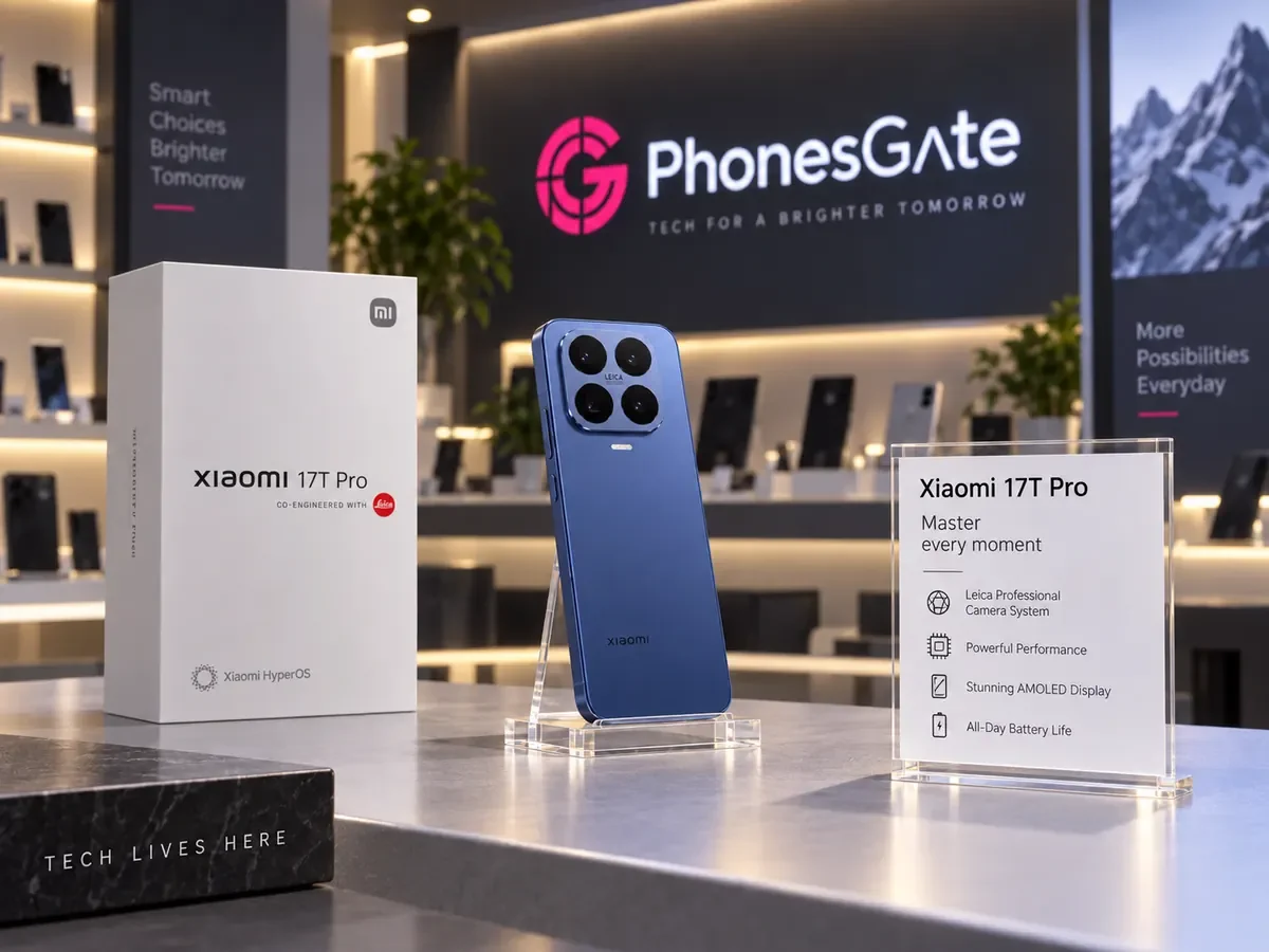 AI-generated retail showcase image of the Xiaomi 17T Pro inside the PhonesGate showroom