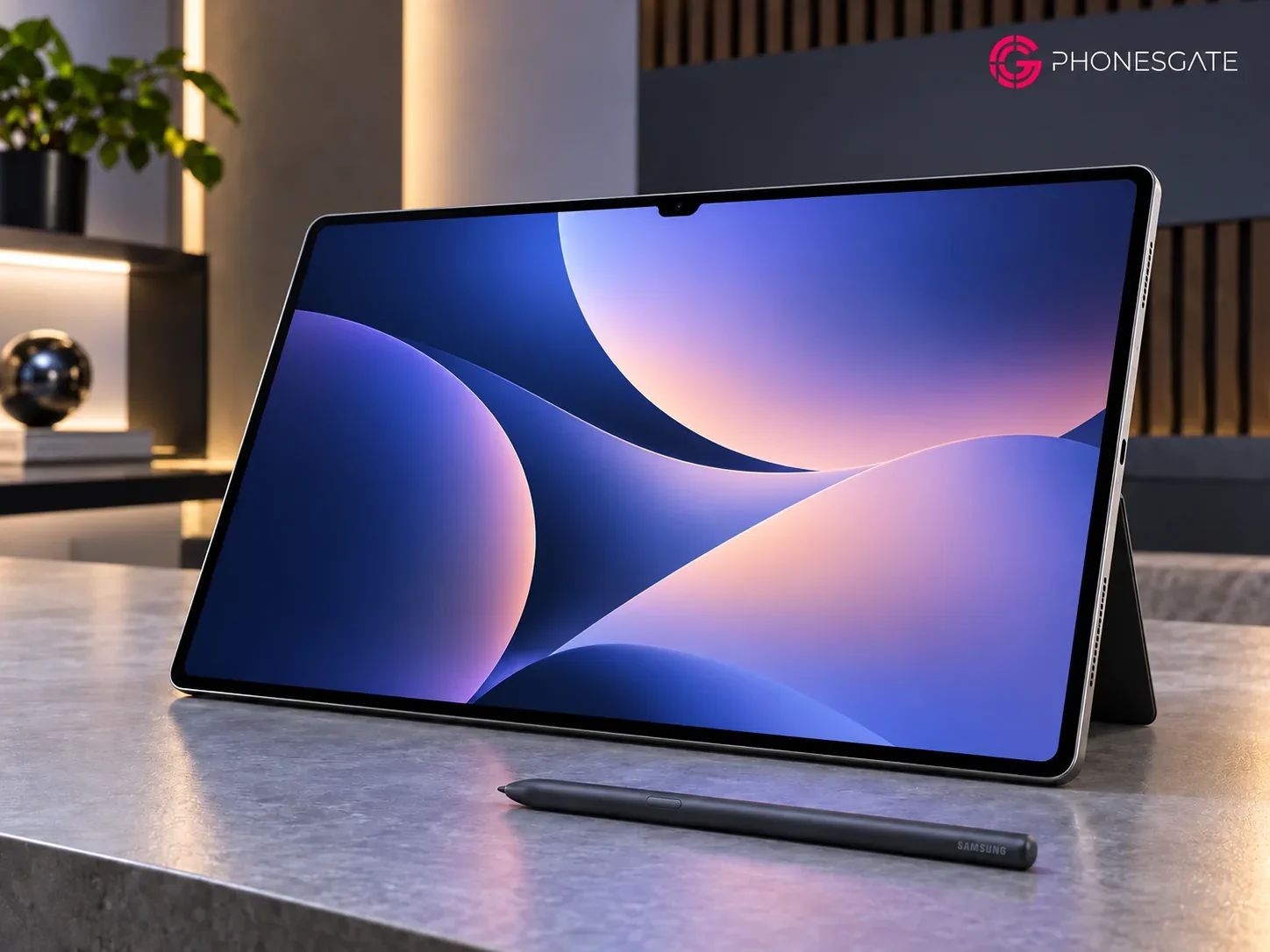 AI-generated illustration of Samsung Galaxy Tab S11 Ultra with stylus on desk