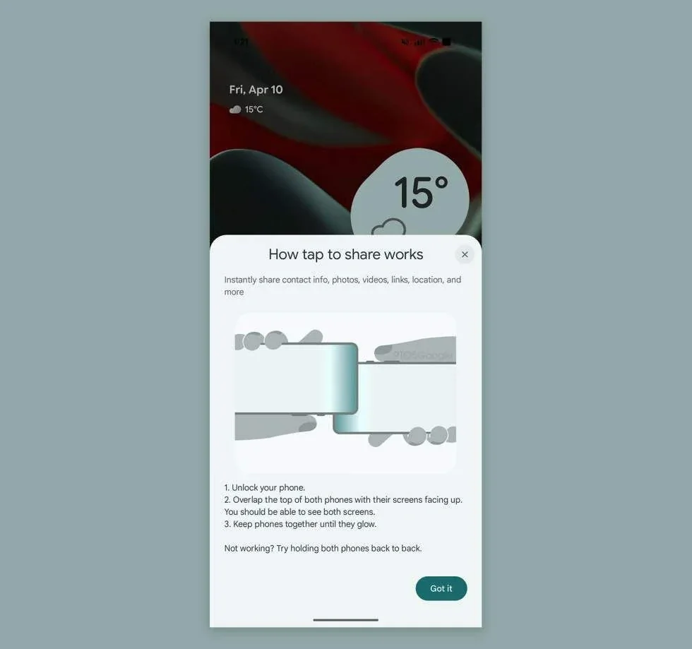 Two Android smartphones positioned together for Tap to Share