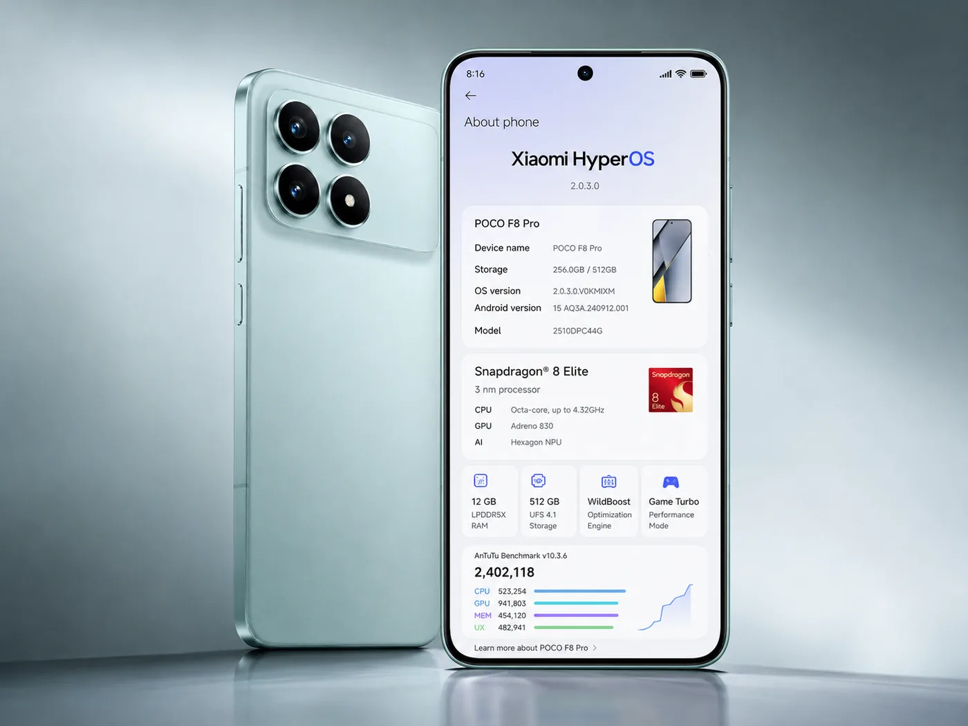 POCO F8 Pro style About phone screen with HyperOS and Snapdragon 8 Elite details