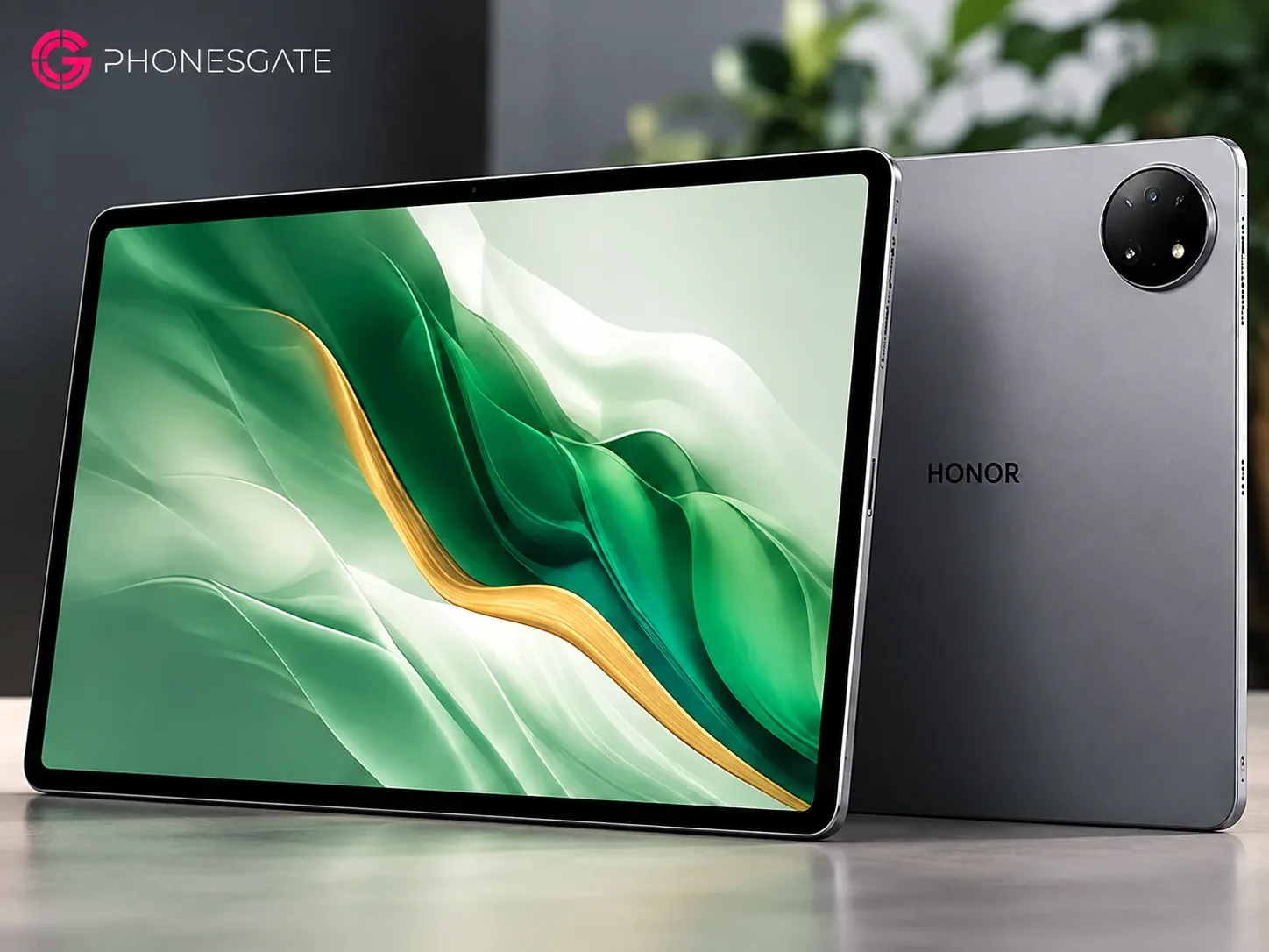 AI-generated illustration of HONOR MagicPad4 front and rear in gray