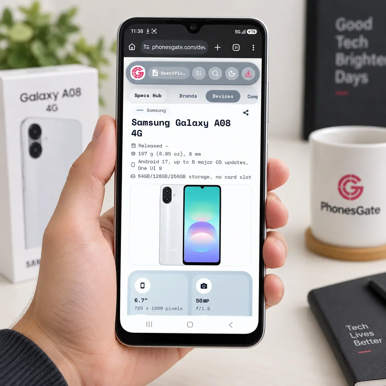 Samsung Galaxy A08 4G held in the hand showing the PhonesGate device page on screen