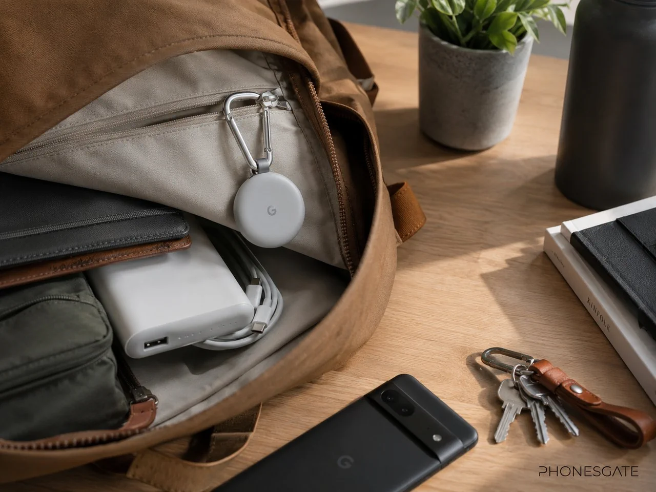 Pixel Tag-style tracker clipped to a backpack beside a Pixel phone and everyday travel items