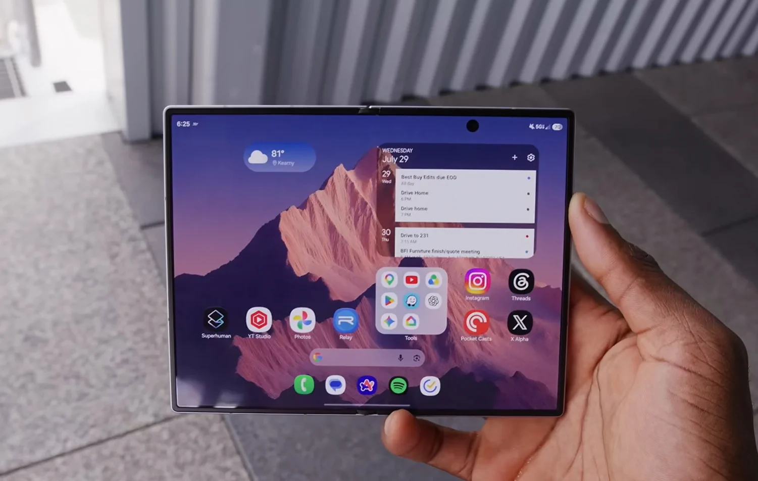 Galaxy Z Fold 8 unfolded with its inner display showing a home screen layout