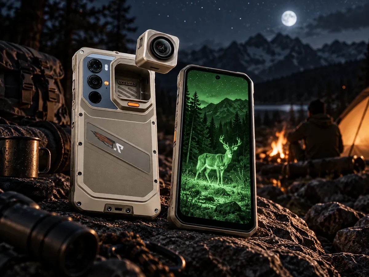 PhonesGate editorial illustration of the RugOne Xsnap 7 Pro night-vision capability in an outdoor camp setting
