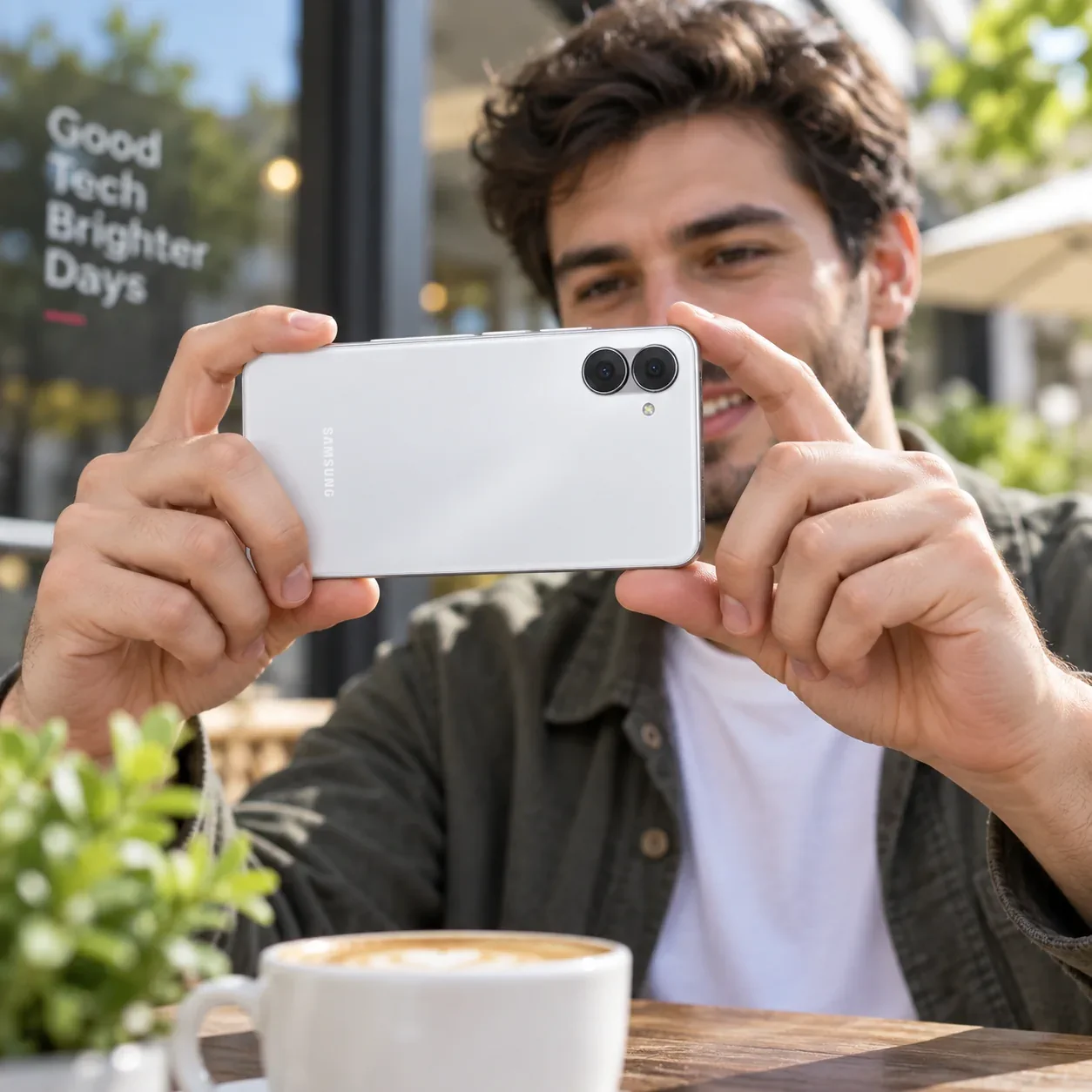 Samsung Galaxy A08 4G being used to take a photo at a cafe terrace