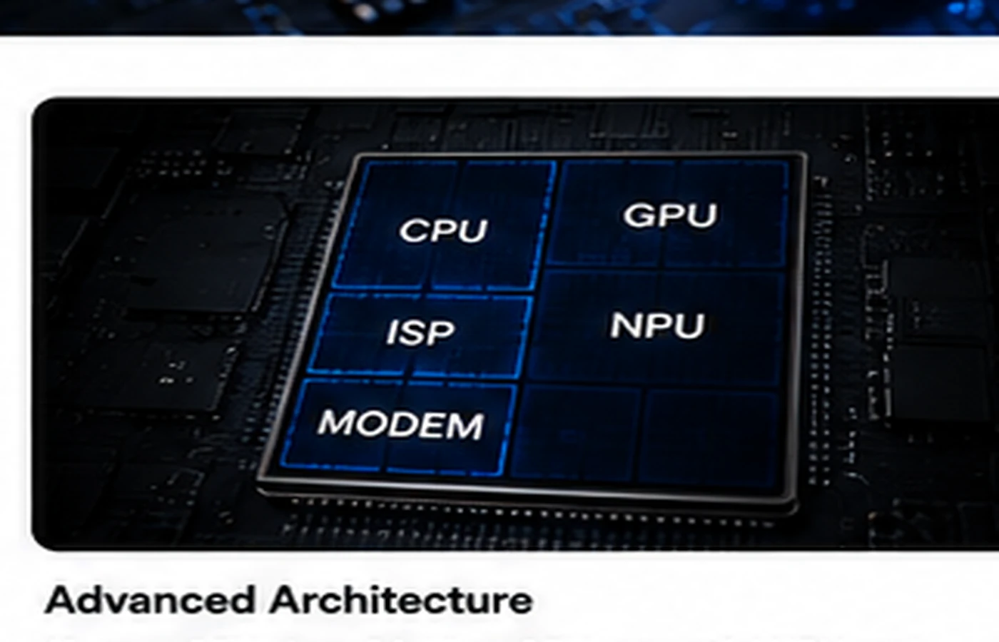 Concept illustration of a mobile system-on-chip divided into CPU GPU ISP NPU and modem blocks