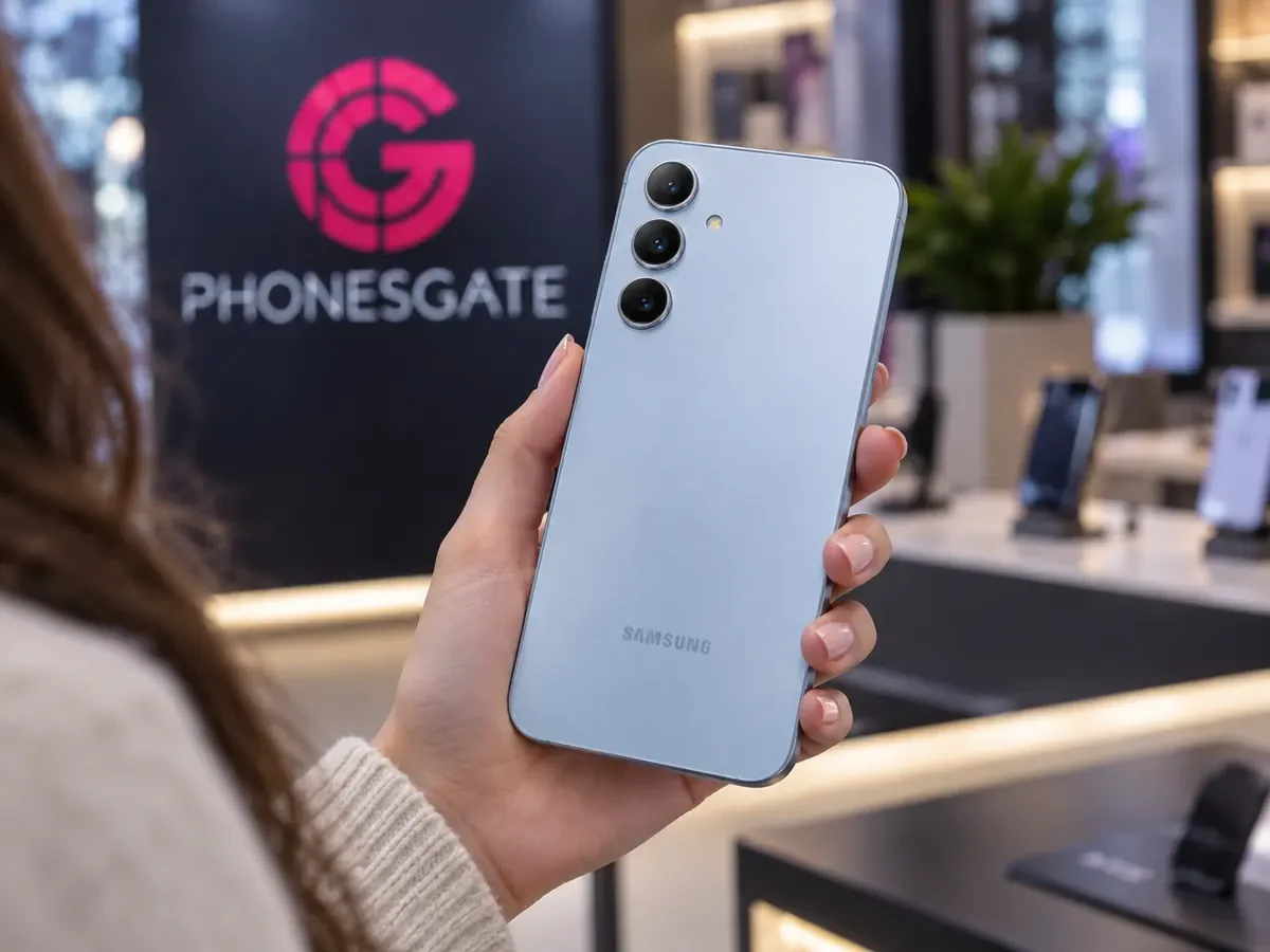 AI-generated showroom product image of the Samsung Galaxy A57 inside PhonesGate