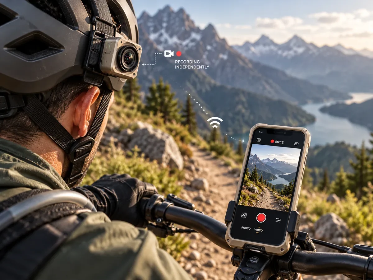 PhonesGate editorial illustration of the RugOne Xsnap 7 Pro acting as a wireless viewfinder for its detachable helmet-mounted camera
