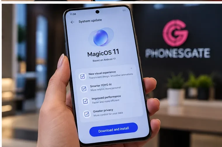 AI-generated PhonesGate illustration of the MagicOS 11 Android 17 system update screen