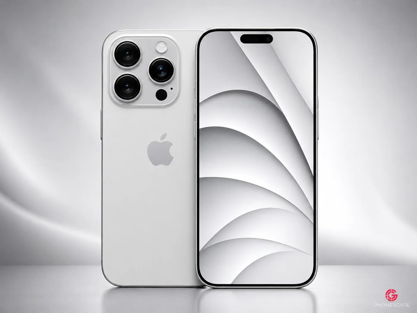 Silver and white iPhone 18 wallpaper concept with clean layered shapes