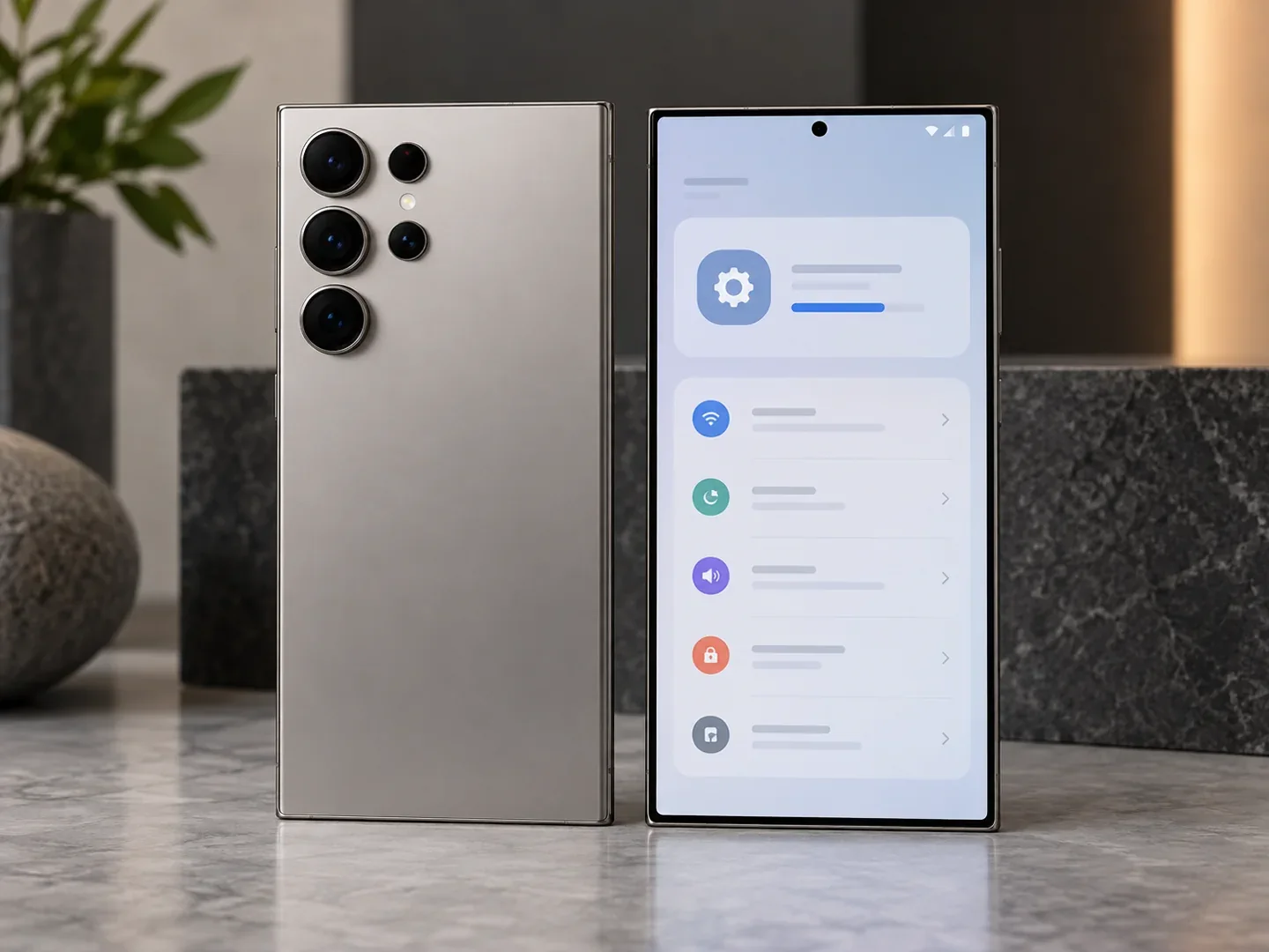 AI-generated smartphone concept showing a software interface and a rear camera design; not an authentic Android 17 screenshot