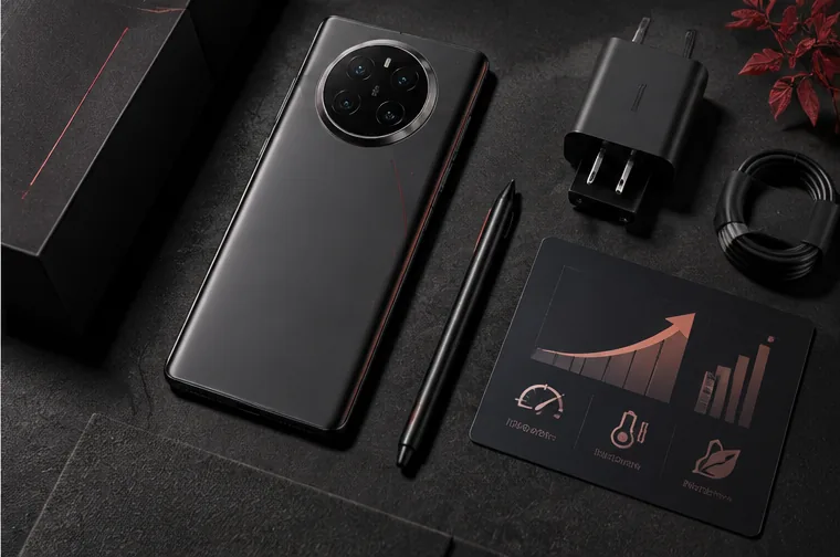 PhonesGate editorial flat lay visualization of a Huawei Mate 90 Pro style flagship phone and accessories