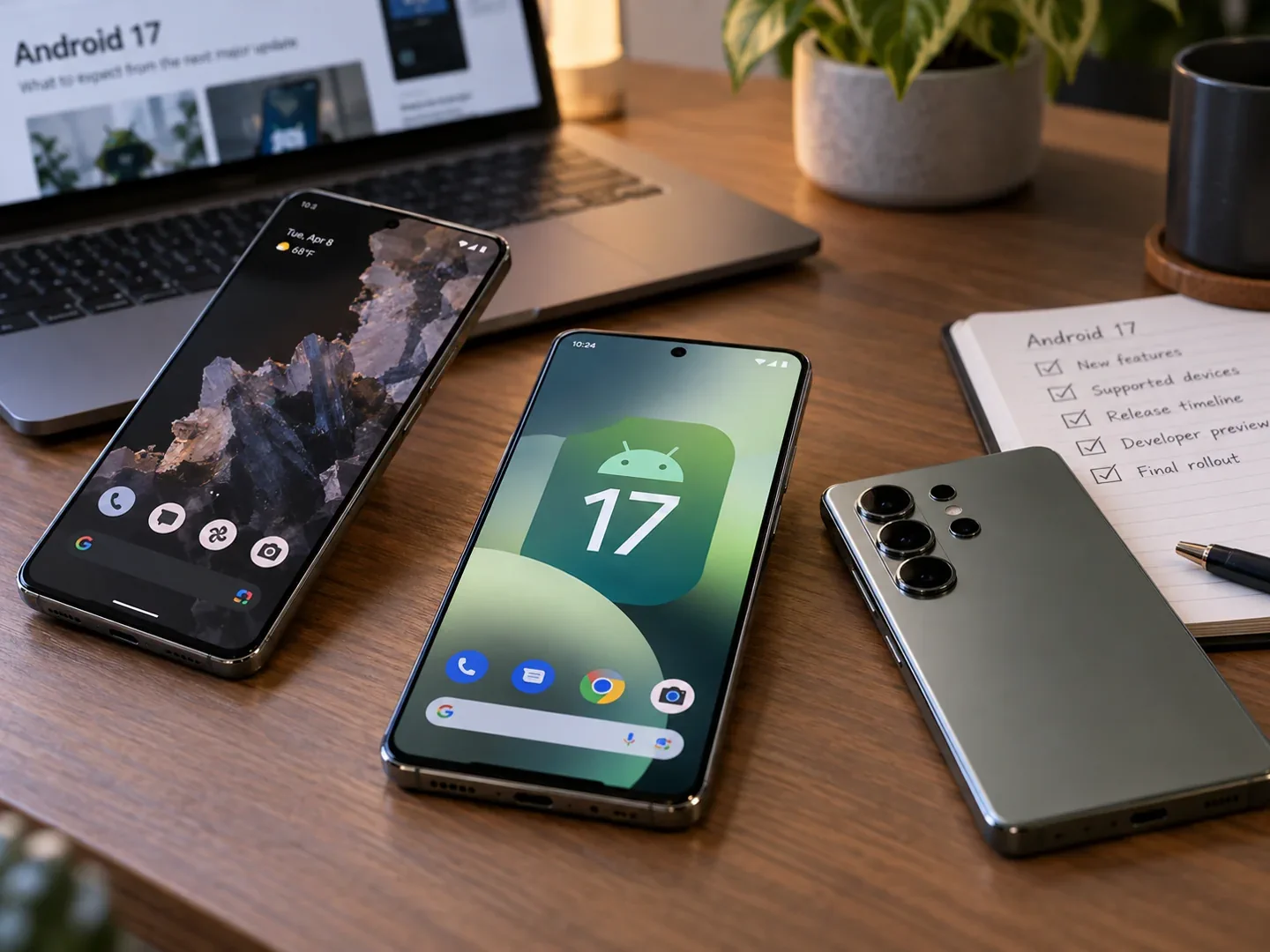 AI-generated conceptual Android 17 update illustration showing smartphones, laptop, and notes; not real product photography
