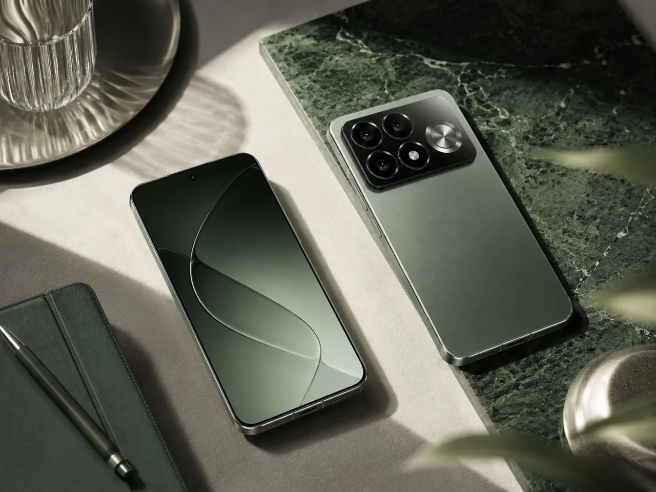 REDMI K100 Pro Max concept front and rear design shown on a premium green desk setup