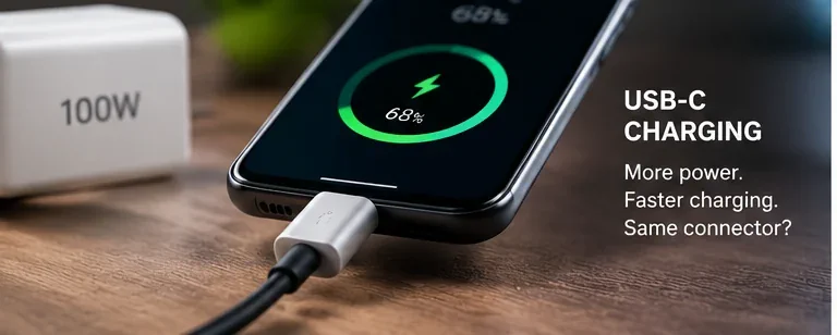 Smartphone charging through a USB-C cable beside a high-power charger