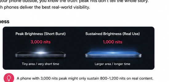 Peak brightness versus sustained smartphone display brightness illustration