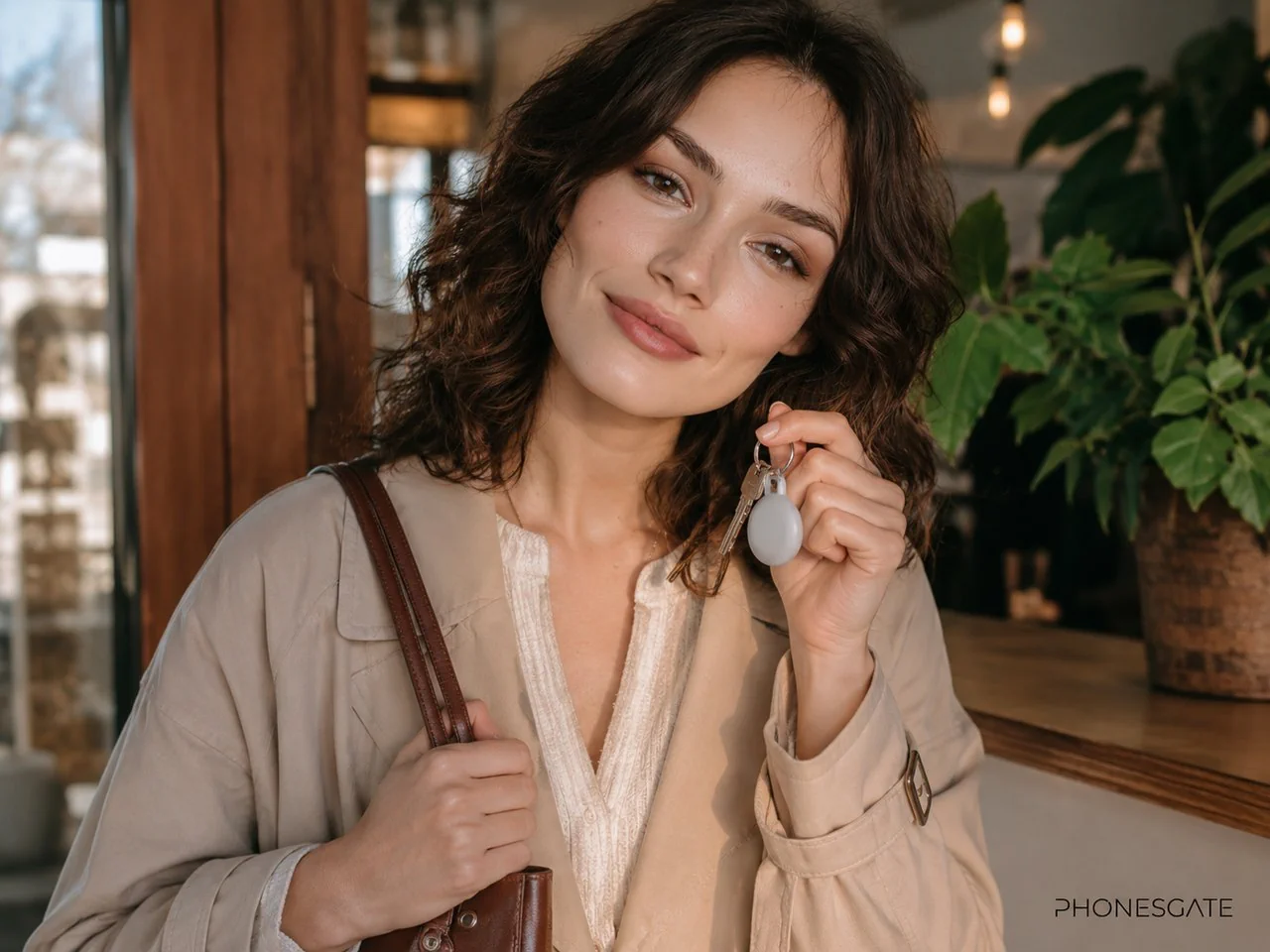 Woman holding a set of keys with a Pixel Tag-style tracker attached